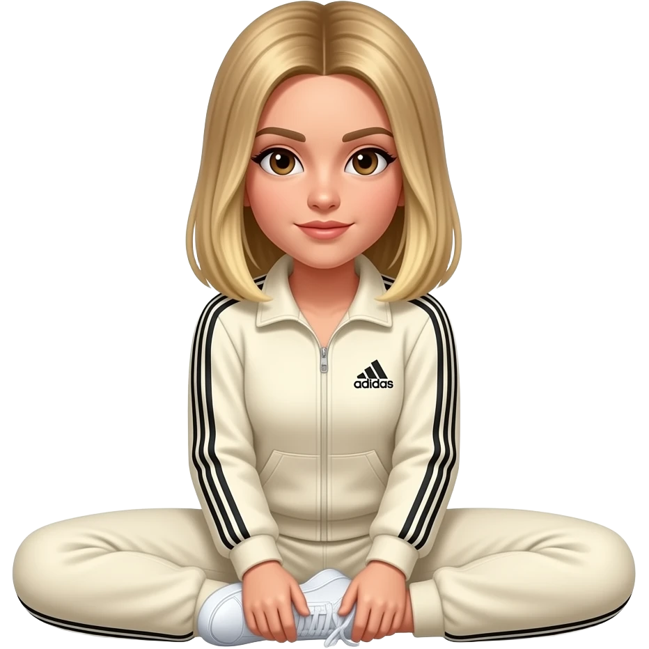 Dark dirty  blonde straight hair with blonde highlights, hair parted to one side, thin long face, mid length hair, cream adidas track suit, brown eyes doing the split in a gif moving emoji
