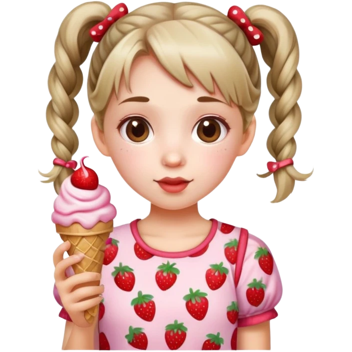 . A cute girl with pigtails, wearing a strawberry-patterned top, holding an ice cream. emoji