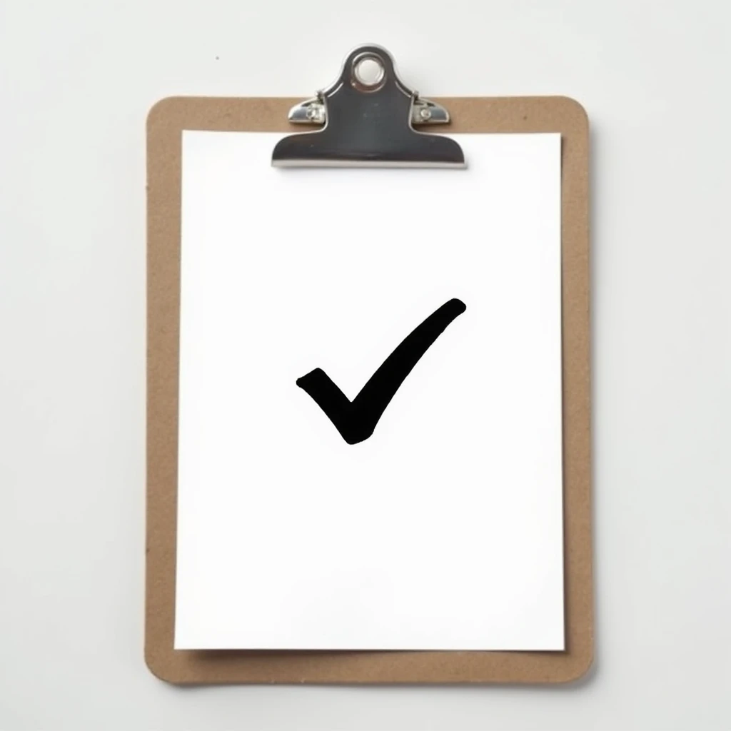 a realistic clipboard with a single checkmark, metallic clip, white paper emoji