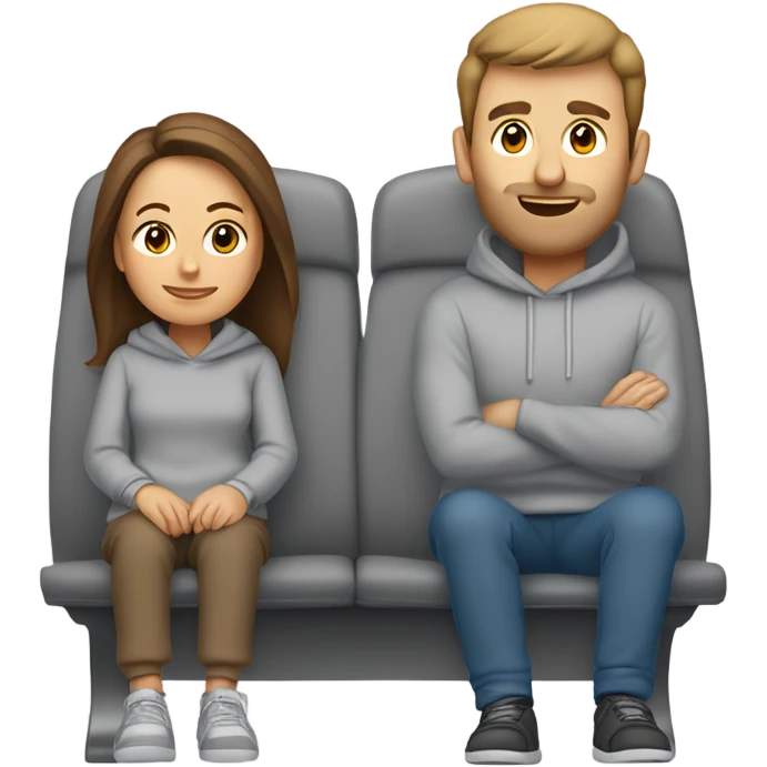 airplane, featuring a white woman with long brown hair, dressed in a soft grey sweatshirt and sweatpants. She’s sitting next to her husband, a white man with short brown hair, who’s also wearing a matching grey sweat suit.  emoji
