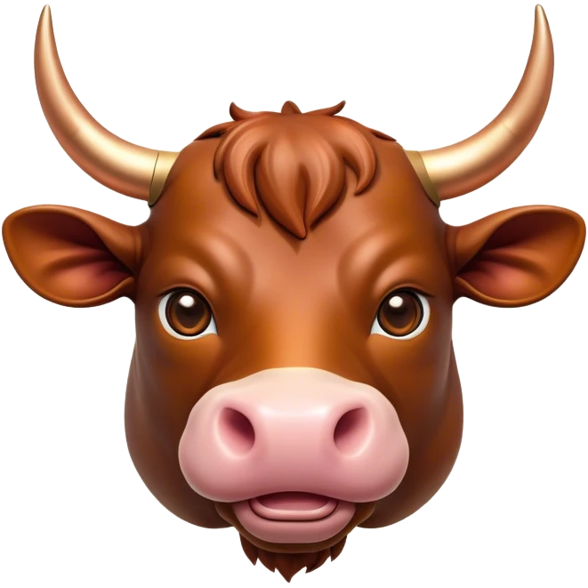 Cinematic Cute Domestic Bull Portrait Emoji, Head tilted playfully and inquisitively, with a sturdy, compact build and a smooth, polished coat of rich copper and brown hues accentuated by gently curved horns, round, sparkling eyes full of curious determination, Simplified yet irresistibly adorable features, highly detailed, glowing with a warm, friendly glow, high shine, affectionate and spirited, stylized with a touch of rustic charm, soft glowing outline, capturing the essence of a mischievous yet loving domestic bull that feels like it could trot out of the screen and into your arms! emoji