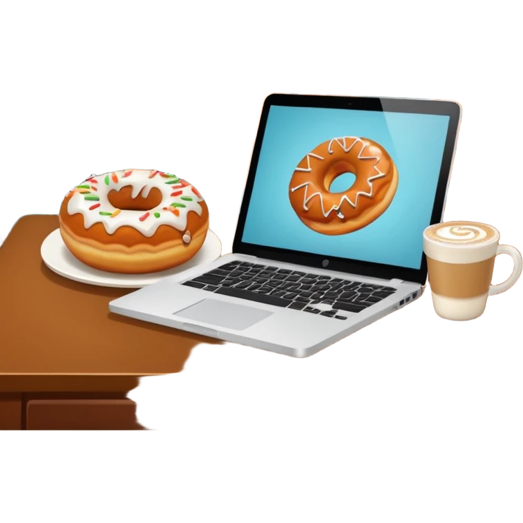 Laptop with pumpkin spice latte and a cinnamon donut on a desk fall scenery emoji
