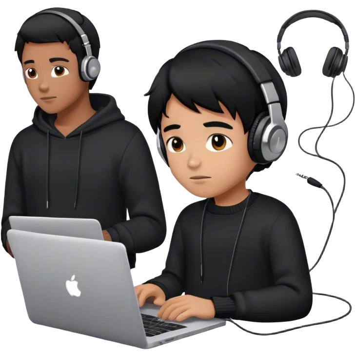 a smart boy using laptop having black hair with headphones and wearing a black sweater emoji