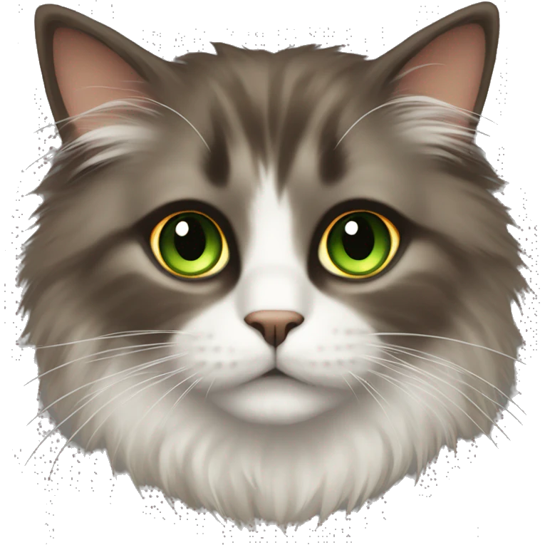 Fluffy cat with darker brown fur with a bit of orange and green eyes  emoji