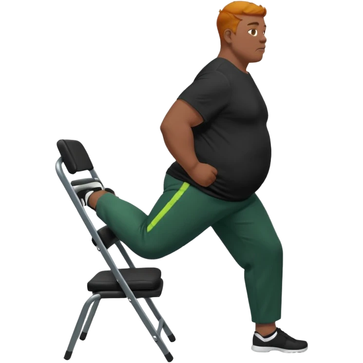 גבר זקן ג'ינג'י מלא כוסע שחור הפוך חולמה שחורה ומכנסיים ירוקות ארוכות מבצע תרגיל לאנג' בתמיכת כיסא מהצד emoji