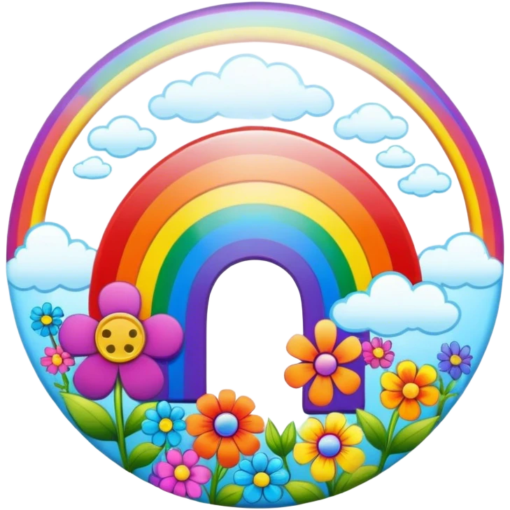 A round psychedelic colored button with a bezeled rainbow and colored hippie style flowers emoji