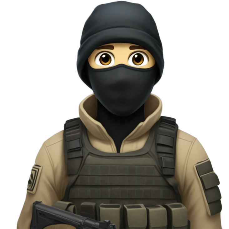 White male, call of duty black mask, camo tactical gear, tan combat boots, black beanie, blue eyes emoji