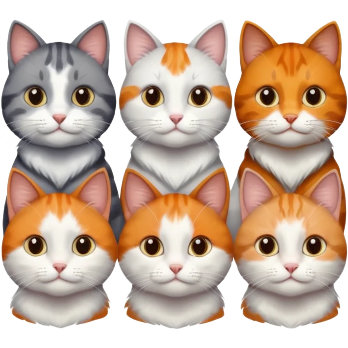 6 cats with different coloured coats, 2 are grey and white, 1 is grey with a little white, 1 calico, 1 brown tabby and white and one ginger and white emoji