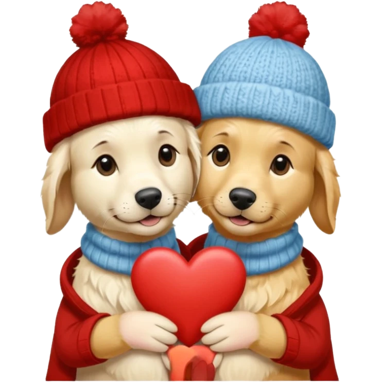 2 English cream golden retrievers cuddling with winter hats and heart in between them. Make them pale dogs  emoji