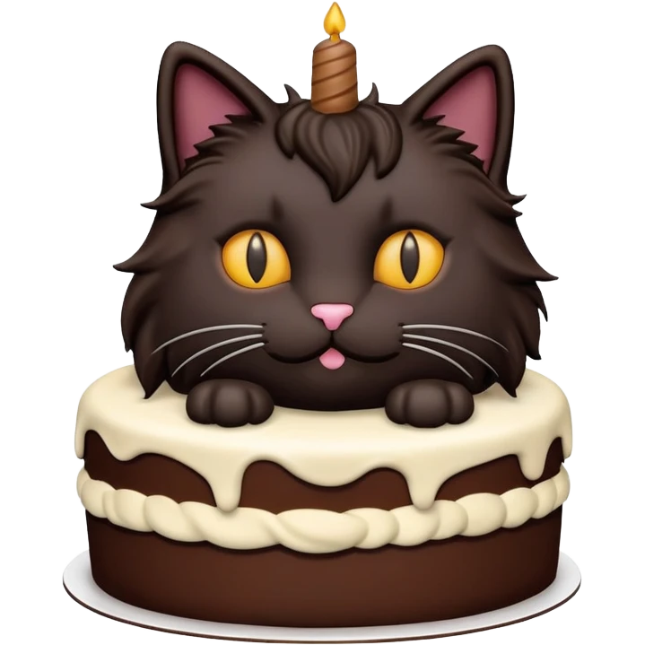 Fluffy all black long haired cat birthday cake emoji
