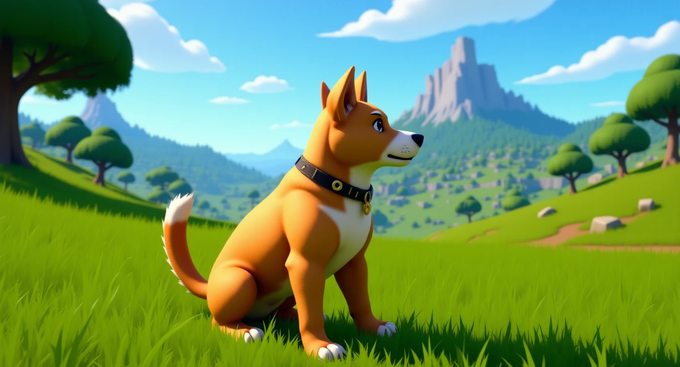 Cinematic still of a dog in fortnite game world emoji