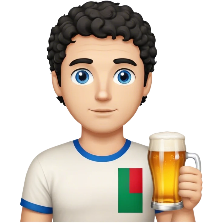 white guy thick eyebrows blue eyes with short curly black hair holding beer wearing a shirt with the italian flag emoji