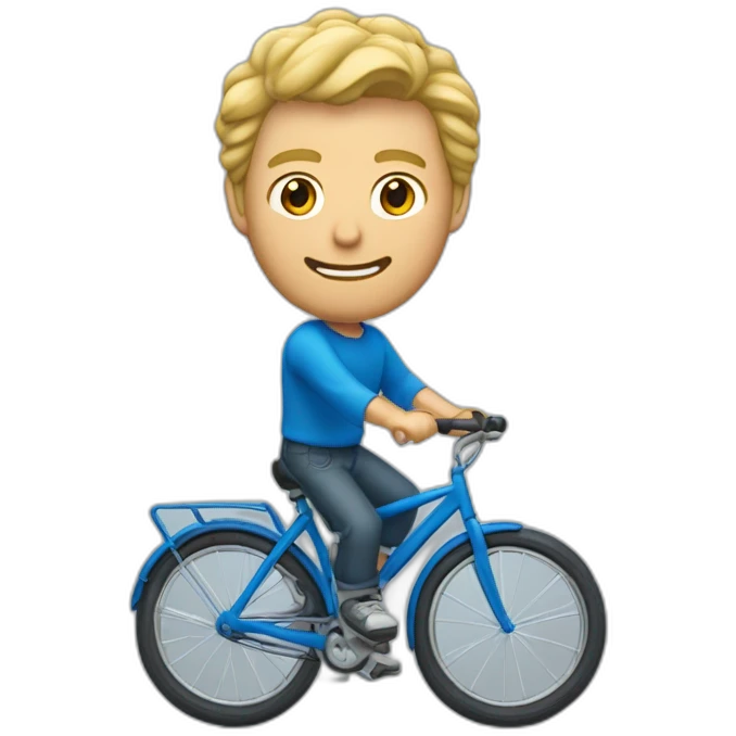 Un homme qui cabre avec un vélo bleu qui a les cheveux bouclés au yeux verts et cheveux blond emoji