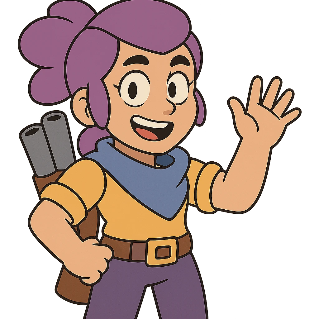 Shelly from Brawl Stars, smiling, waving, bright and playful emoji
