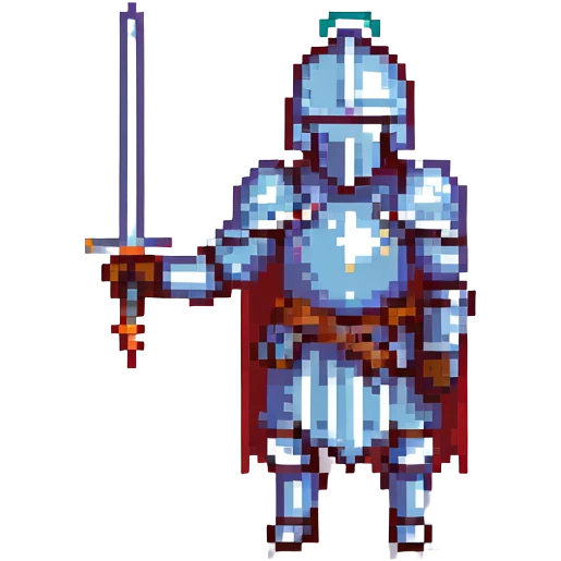 A pixel art knight in armor with a closed helmet, expressing merriment. The knight's arms and legs are in different positions. The image is portrait-sized and has a clear outline. emoji