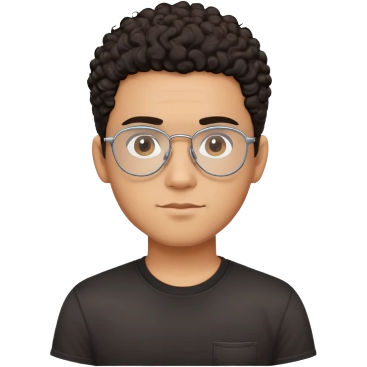Young Latino male with small oval face, prominent forehead, aviator eyeglasses with metal frames, completely shaved sides with minimal dark curly hair on top only, gentle neutral expression, brown skin tone, simple black t-shirt emoji