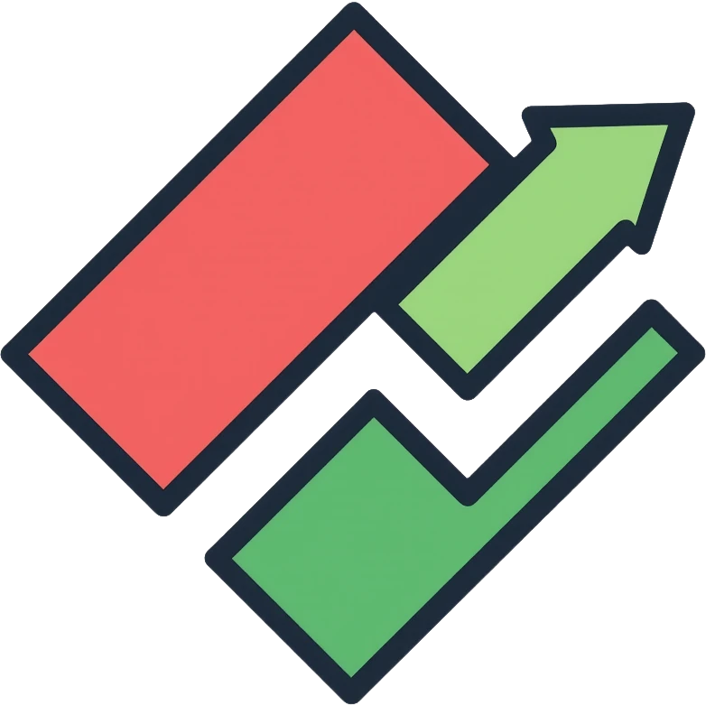 A diamond shape (rhombus) divided by an ascending graph line, with the lower part red and the upper part green, representing price movement emoji