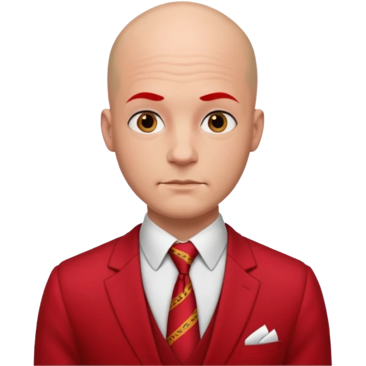 man Bald with red necktie, red dress, tattoos. emoji