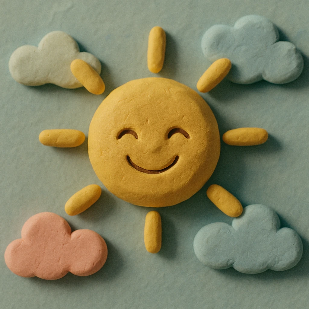 smiling sun with clouds, pastel colors, visible fingerprints, soft matte plasticine claymation style emoji