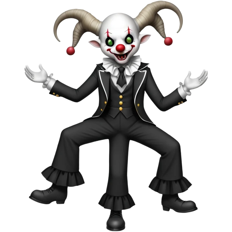 full-body demonic clown in black and white leisure suit with bellbottom pants, bald, black ram horns, flashy black and white belt, ruffled white shirt, no neck tie, large fangs emoji