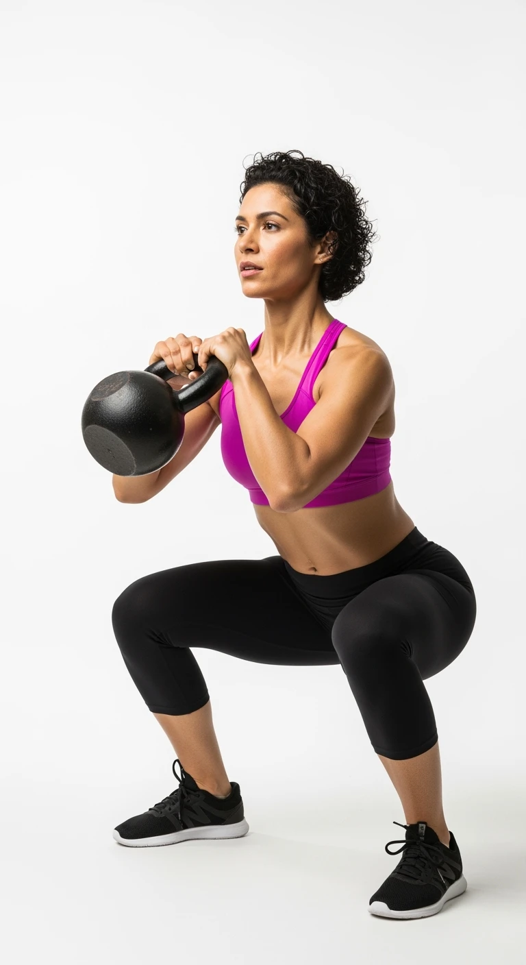 donna fitness in forma con kettlebell mentre fa uno squat, isolata su sfondo bianco emoji