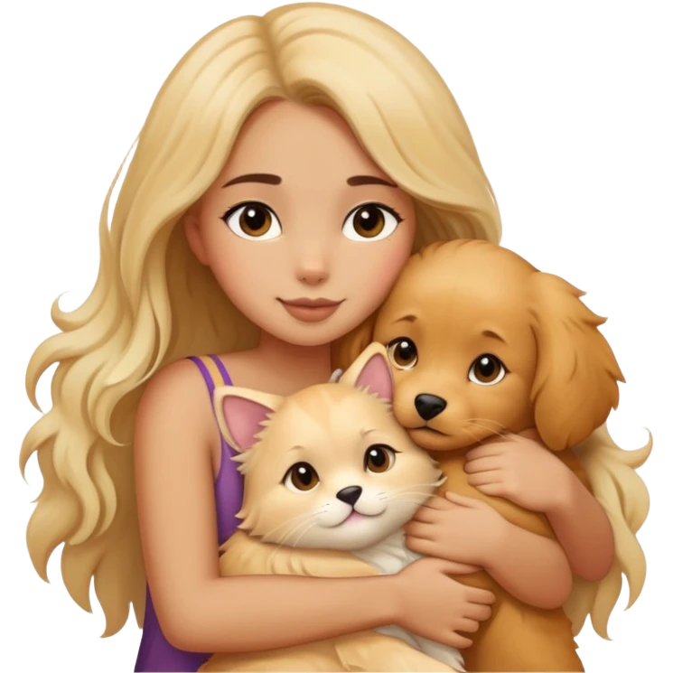A beautiful girl hugs a cat and a dog tightly emoji