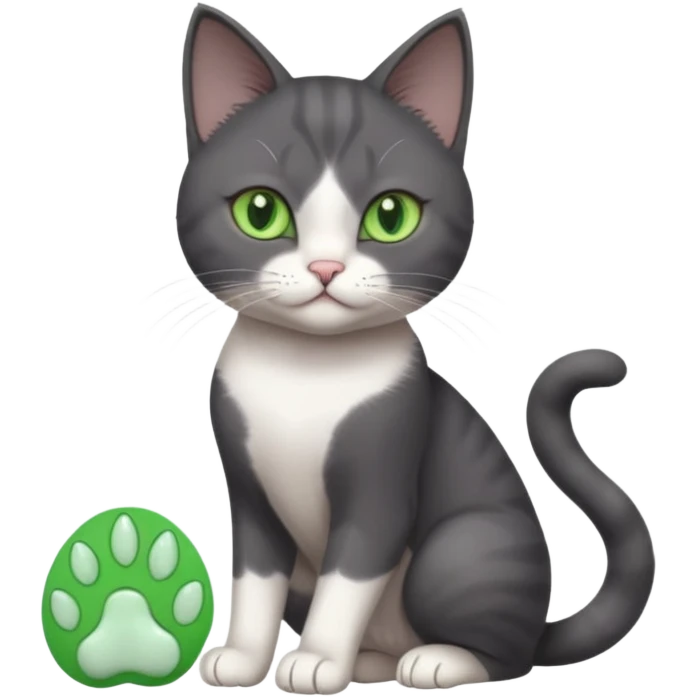 beautiful female solid dark grey cat with green eyes, white toes/paws and white patch on her chest playing emoji