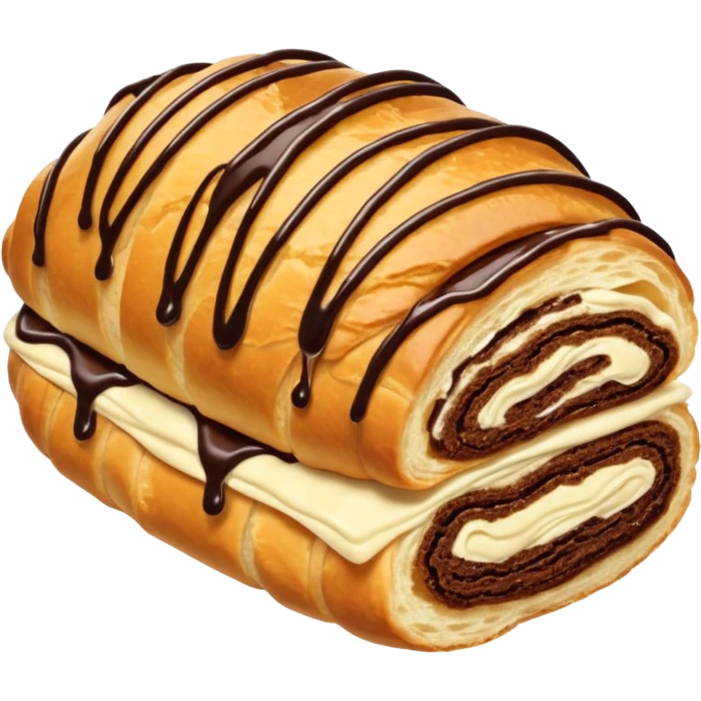 Chocolate-filled croissant roll, golden flaky pastry, chocolate drizzle on top, bite taken, white background, realistic food photo emoji