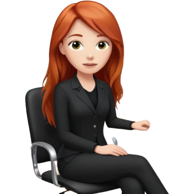 Video call therapy session: red-haired therapist with long hair wearing black minimalist clothing, seated in a professional home office, looking at the webcam; calm, modern teletherapy setting emoji
