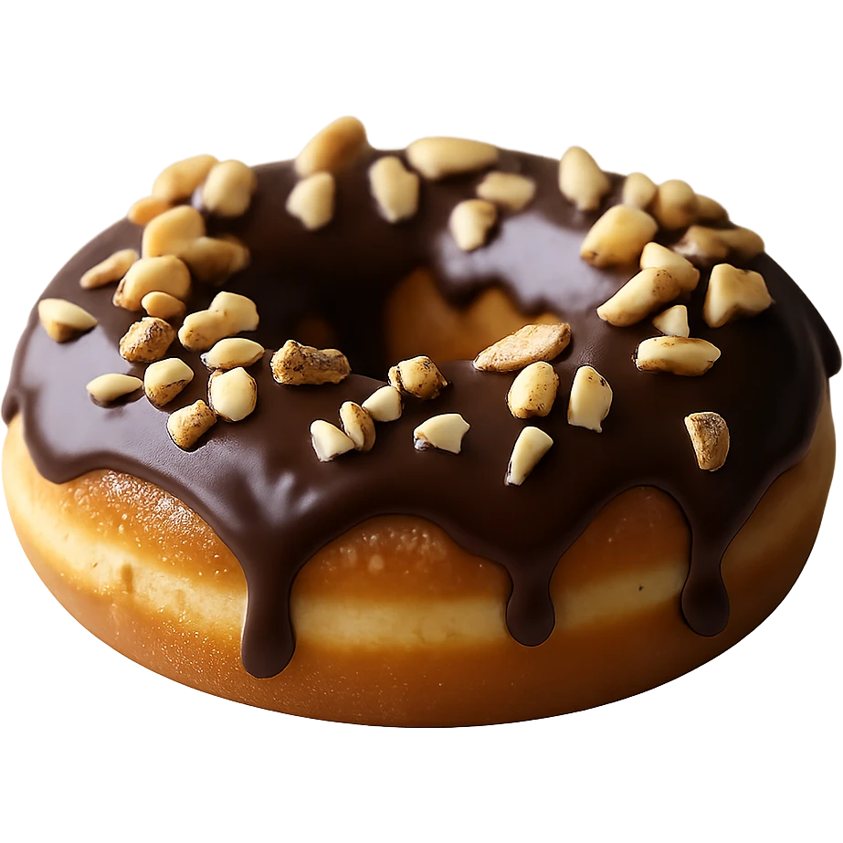 Isolate the realistic glazed donut with soft lighting, chocolate glaze with chopped nuts on a transparent background, removing all other background elements. emoji