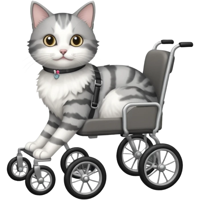 grey and white cat in a pet wheelchair emoji