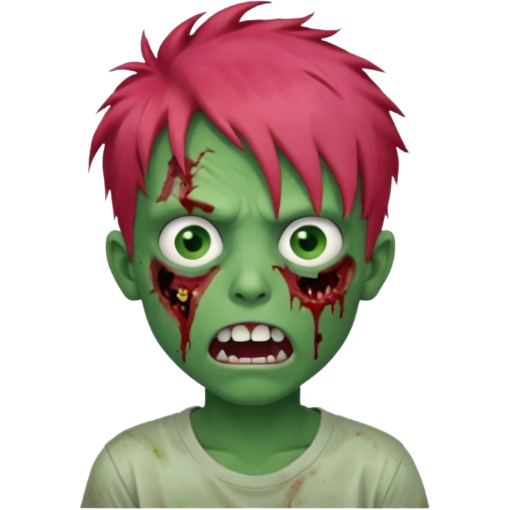 Boy, zombie, red messy hair, green skin, pink eyes, white t-shirt, open mouth with crooked teeth, tired expression. emoji