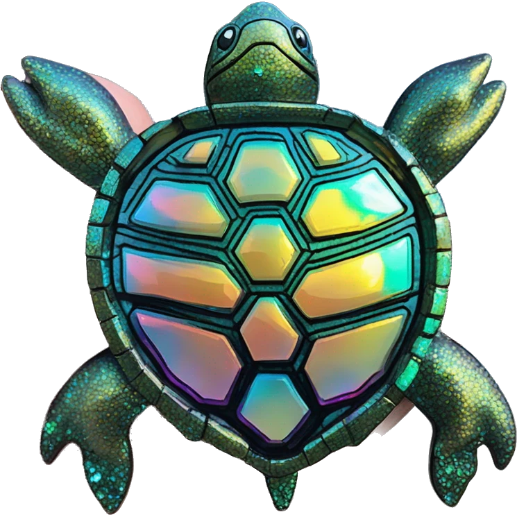 Sparkling Turtle made from kaleidoscopic crystalline rainbow oilslick cyan glass, stained glass art emoji