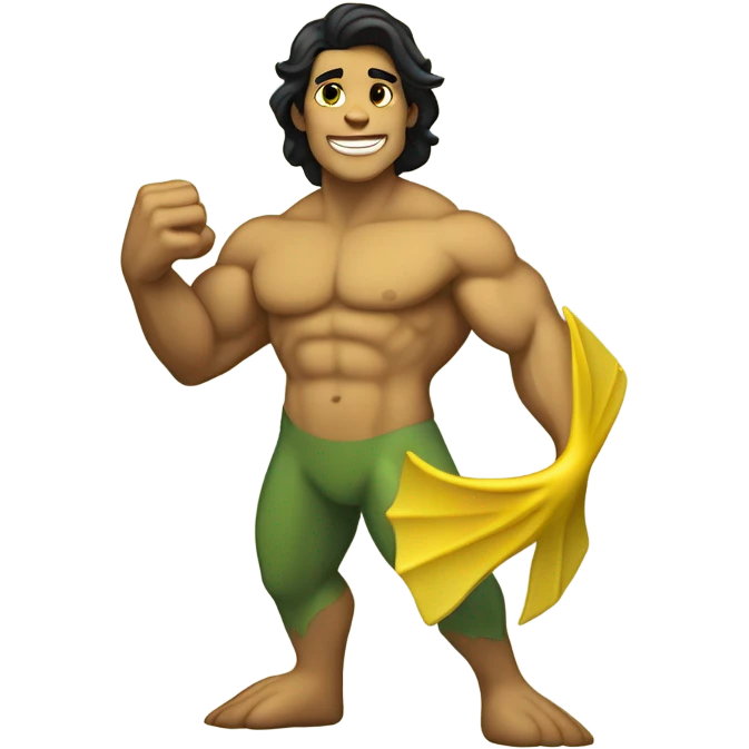 Tan muscular merman with dark hair and yellow tail emoji