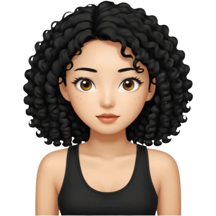 Korean woman with black cute long curly hair  with a black top tank with long lashes emoji