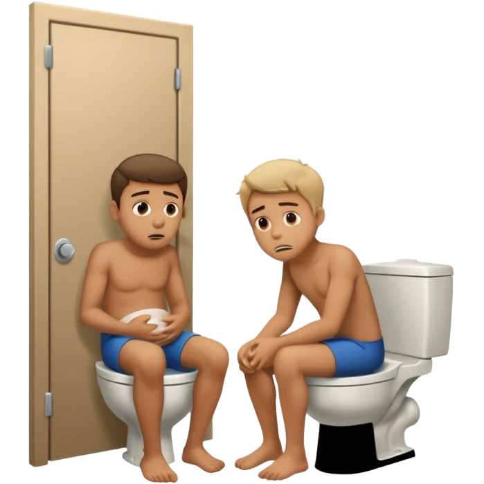 Man using the toilet while the other man is banging on the door begging holding it emoji