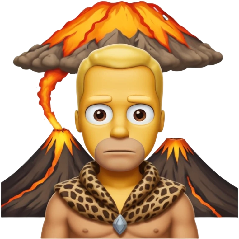 a simpson guy wearing ancient animal skin cloth with volcano behind, half body, icon emoji