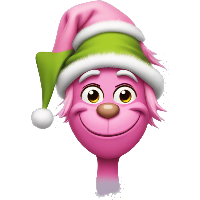 grinch face with a smirk wearing a light pink santa hat emoji