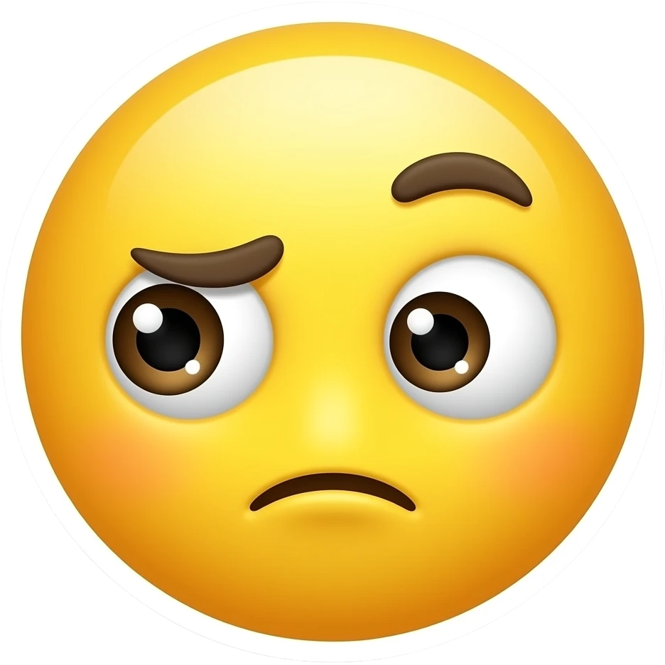 A cute 3D emoji sticker with a suspicious side-eye expression, one eyebrow raised, glossy yellow emoji face, expressive eyes, clean white background, soft shadow, sticker style, no text, no watermark emoji