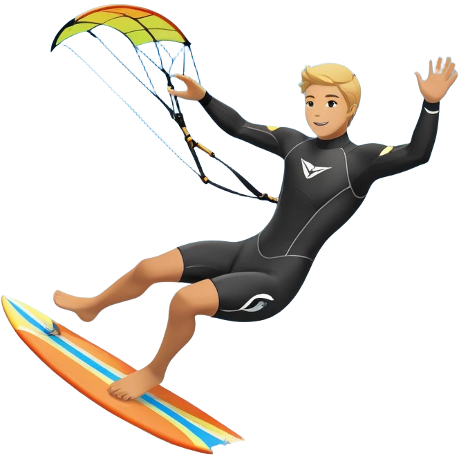 An athlete in a wetsuit riding a winged kiteboard, soaring above the waves with a powerful breeze beneath a clear blue sky. The scene captures the dynamic motion of the sport, with the ocean waves and kite gliding through the air, symbolizing freedom and adventure. emoji