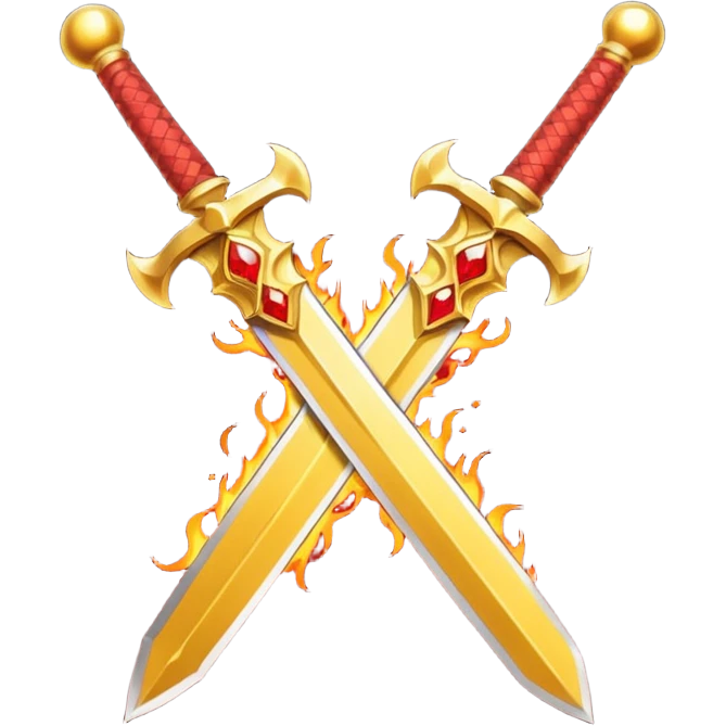 Two crossed swords that are golden in blade and handle and have fiery and royal appearence to them as well as red gem stones yellow in color emoji