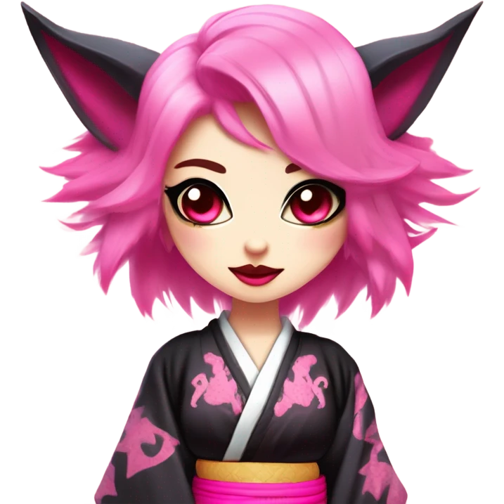 Full body female, succubus kitsune, neon pink eyes, vibrant pink hair, alabaster skin, fluffy black tails, pink tail tips, spiked choker, unique heritage, seductive charm, rebellious spirit, traditional kimonos, spiked anklets, and Barefoot 
 emoji
