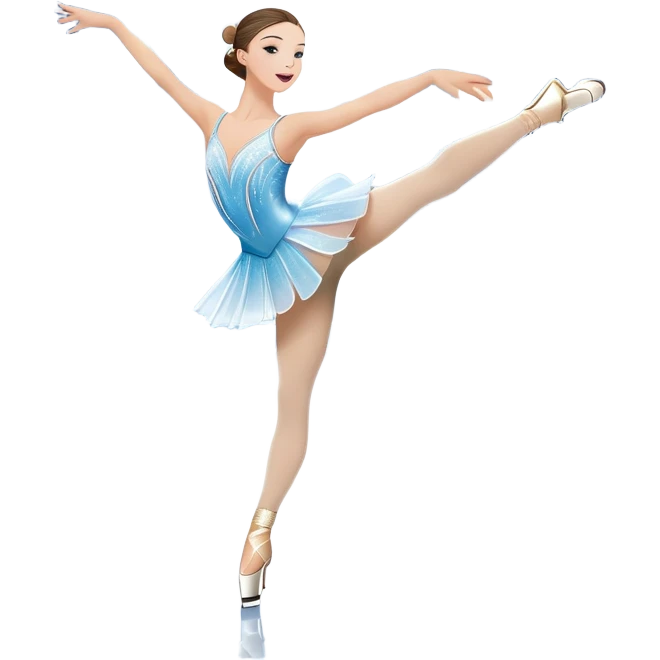 An icon featuring a graceful figure skater performing a spin on the ice. The background includes a grand ice rink palace with shining spotlights and cheering spectators in the stands. Transparent background highlights the elegance and artistry of figure skating emoji