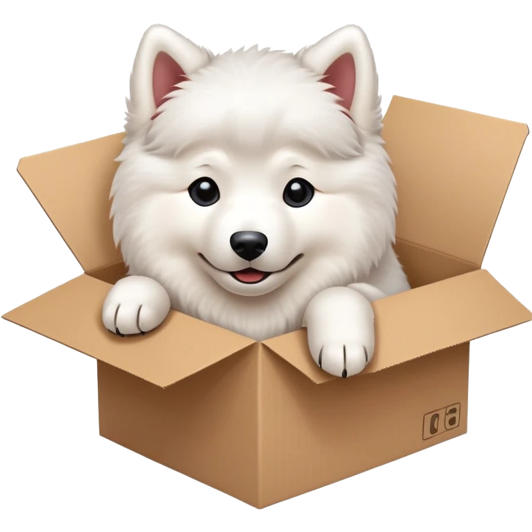  A very cute young Samoye  with one's head tilted to one side poked its paws out of the cardboard big box and placed them on top of it emoji
