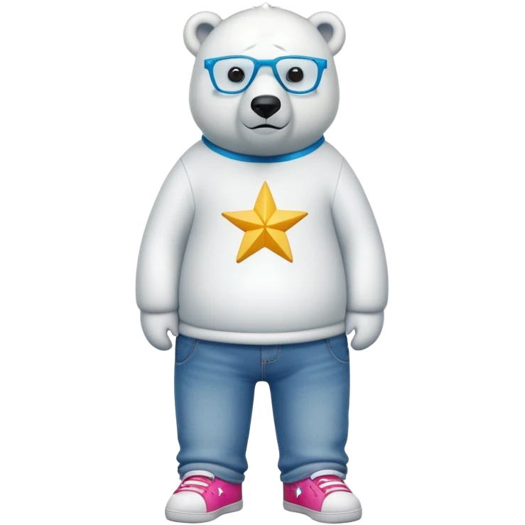 friendly anthropomorphised polar bear standing upright, looking chilled and unbothered, wearing a shirt, jeans, trainers, star-shaped colorful glasses emoji