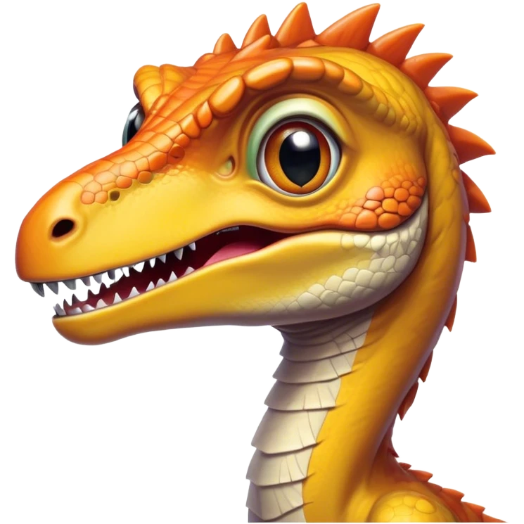 Cinematic Cute Velociraptor Portrait Emoji, Head tilted playfully with a mischievous grin, featuring a compact, agile form with bright, sparkling eyes and a slightly curved snout full of playful charm, Simplified yet irresistibly adorable features, highly detailed, glowing with a warm, inviting prehistoric glow, high shine, affectionate and lively, stylized with a touch of whimsical dinosaur mischief, soft glowing outline, capturing the essence of a mischievous yet endearing Velociraptor that seems as if it could dart out of the screen into your arms! emoji