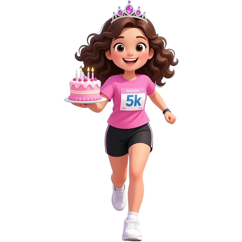 white skin girl with long dark brown curly hair running wearing black shorts, a blank pink tshirt, white sneakers, tiara, and 5k run bib while holding a mini pink birthday cake emoji