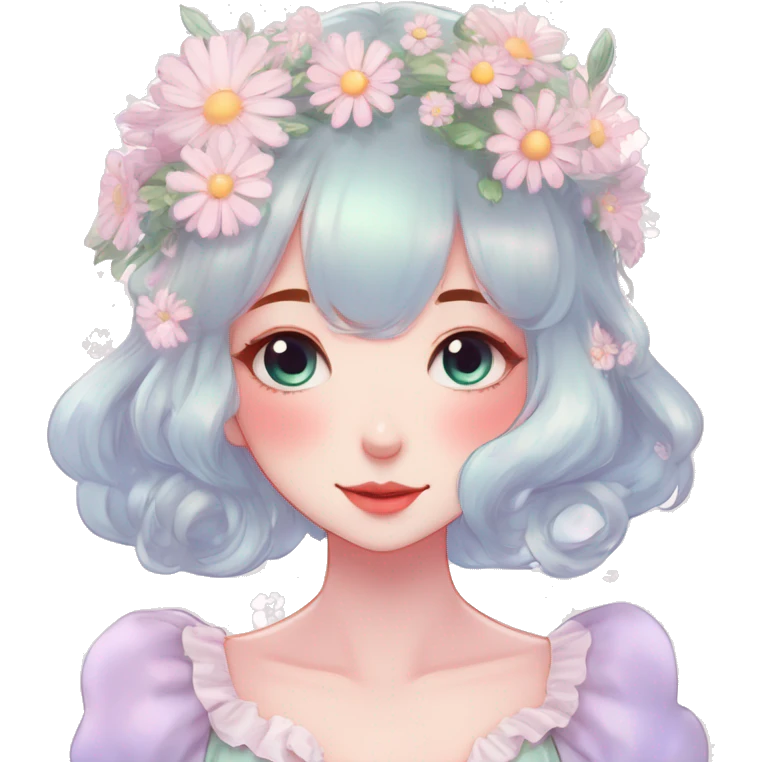 Gorgeous pastel anime style lady with blushing face and daisies cottagecore fairycore pastelcore shiny colorful pearly romantic simplistic aesthetic trending style emoji