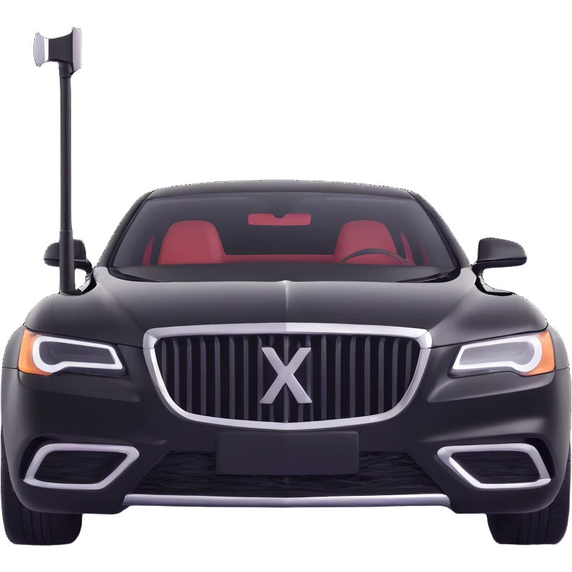 black luxury car with a visible dent, a hammer and a rod forming an X in the upper right part of the vehicle, reflection lamp illuminating the car, elegant and modern emoji