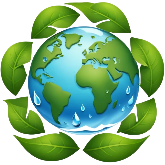 An icon featuring a globe with green leaves, a recycling symbol, and a water droplet, symbolizing ecology. The design includes trees, animals, and renewable energy icons, representing the study of ecosystems, environmental protection, and sustainability. Transparent background emoji